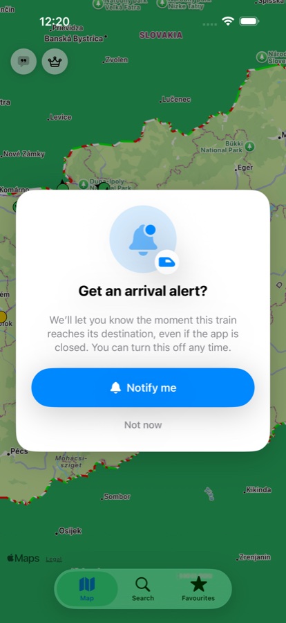 Vonatkém arrival-notification offer screenshot