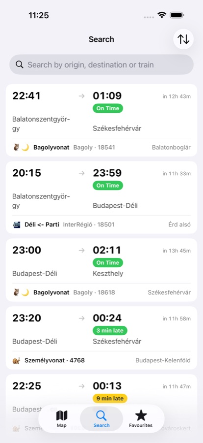 Vonatkém train search screenshot